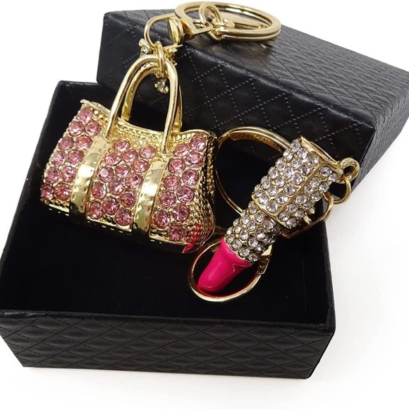 Accessories 2pcs Cute Crystal Lipstick Handbag Style Keychain Bling Bling Rhinestone Car Key